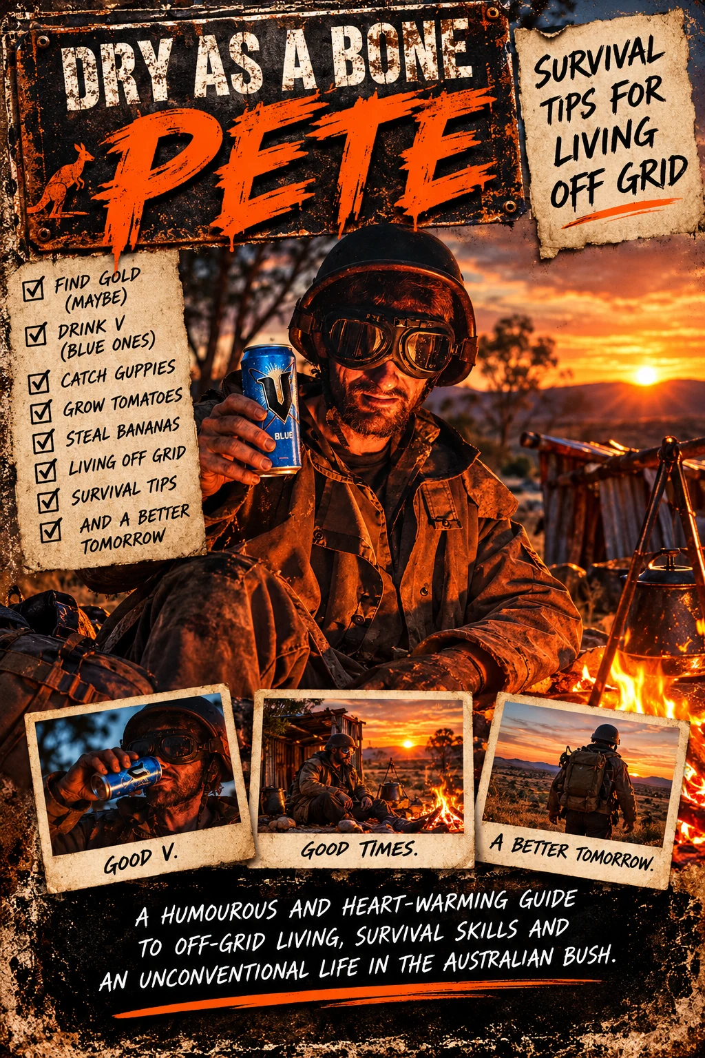 Supplied Dry As A Bone Pete — Survival Tips for Living Off Grid cover: Pete in his black helmet and goggles, distinctive coat and holding a BLUE V against a gritty Australian outback backdrop.